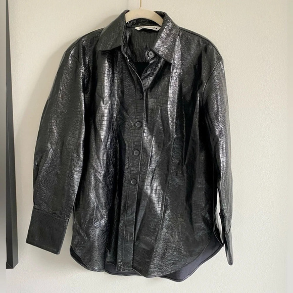 Black Zara Faux Leather Crocodile-Effect Oversized Shirt Jacket  Size Small - Picture 1 of 10